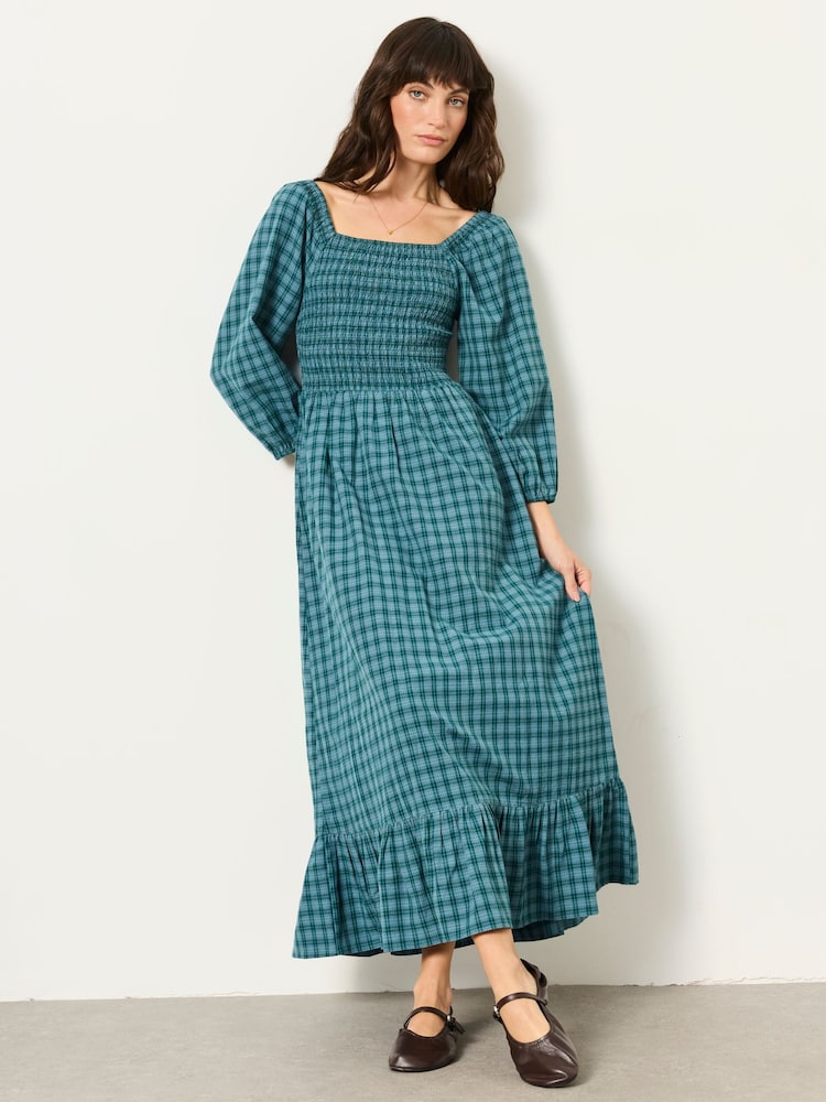 FatFace Adele Teal Blue Check Petite Midi Dress - Image 1 of 5 FatFace Adele Teal Blue Check Petite Midi Dress - Image 1 of 5