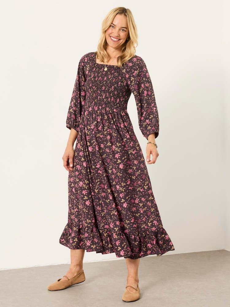 FatFace Adele Brown Winter Floral Petite Midi Dress - Image 1 of 5 FatFace Adele Brown Winter Floral Petite Midi Dress - Image 1 of 5