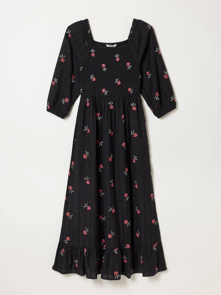 FatFace Adele Black Petite Embroidered Midi Dress - Image 1 of 1 FatFace Adele Black Petite Embroidered Midi Dress - Image 1 of 1