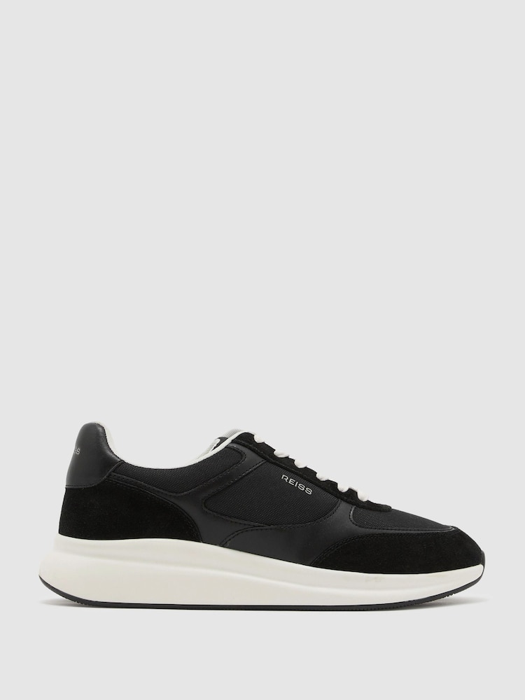 Reiss Black/White Hudson Suede-Trim Runner Trainers - Image 2 of 5 Reiss Black/White Hudson Suede-Trim Runner Trainers - Image 2 of 5