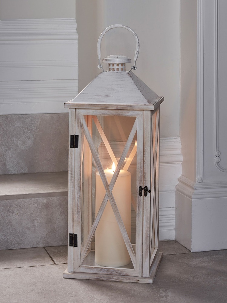 Lights4fun White Folkestone Large Wooden Lantern with TruGlow Candle - Image 4 of 4