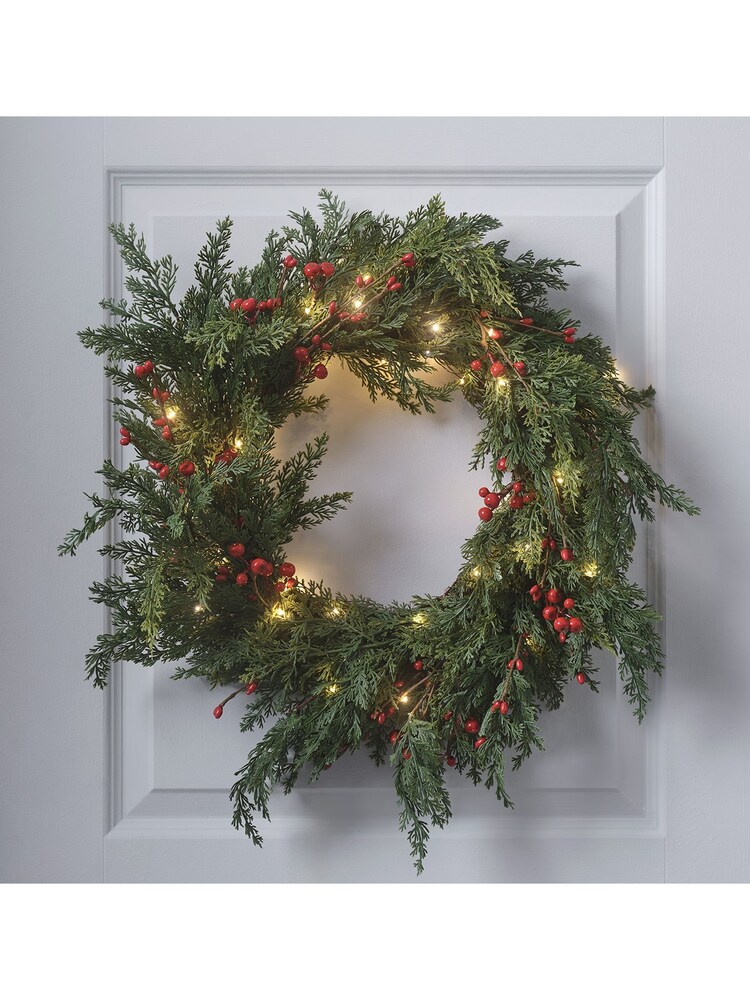 Lights4fun Clear 45cm Pre Lit Red Berry Christmas Wreath - Image 1 of 4