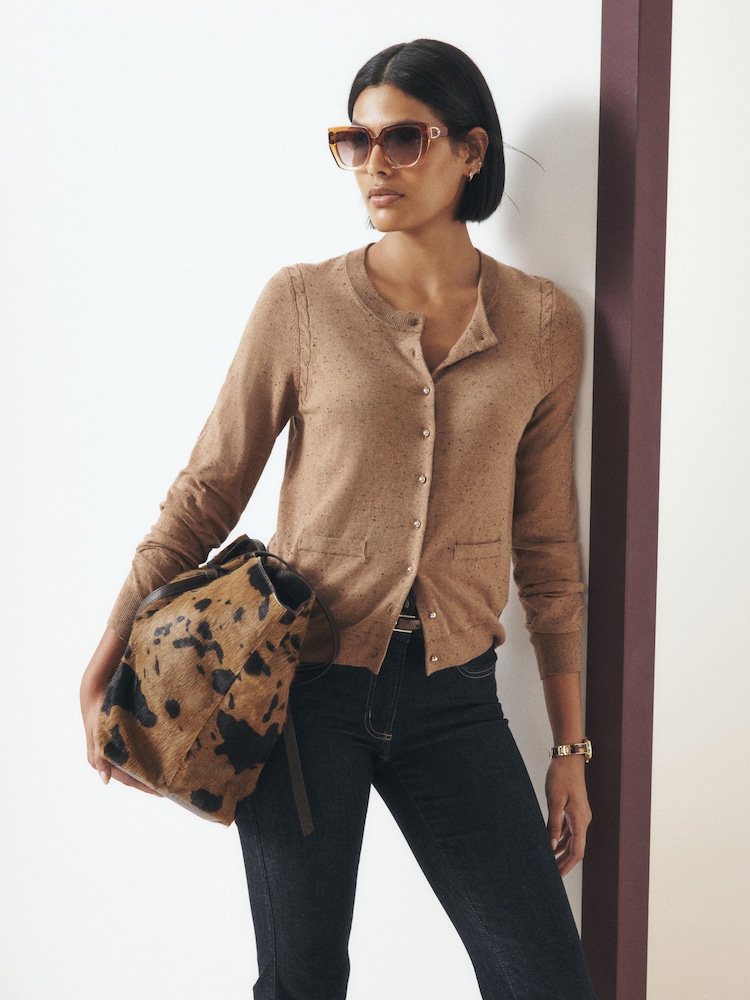 Camel Neppy Soft Touch Cotton Rich Crew Neck Cardigan - Image 1 of 5 Camel Neppy Soft Touch Cotton Rich Crew Neck Cardigan - Image 1 of 5
