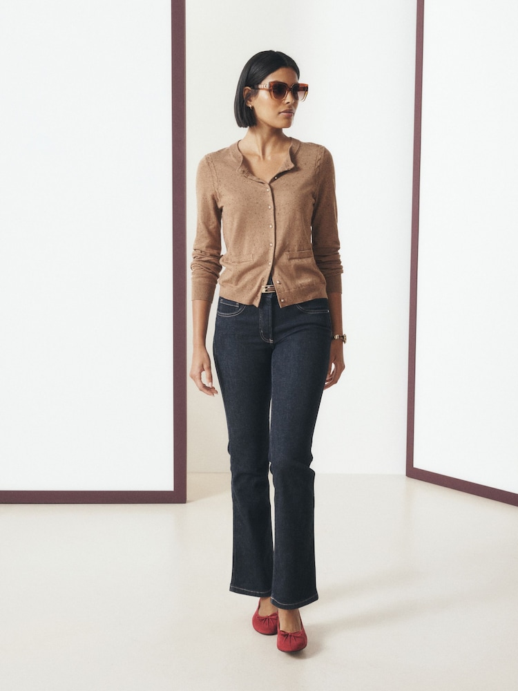 Camel Neppy Soft Touch Cotton Rich Crew Neck Cardigan - Image 2 of 5 Camel Neppy Soft Touch Cotton Rich Crew Neck Cardigan - Image 2 of 5