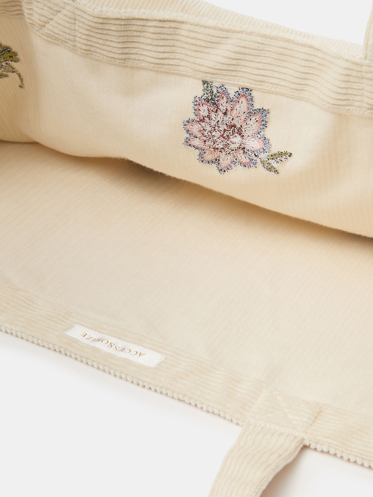 Accessorize Cream Floral Embroidered Corduroy Shopper Bag - Image 2 of 3