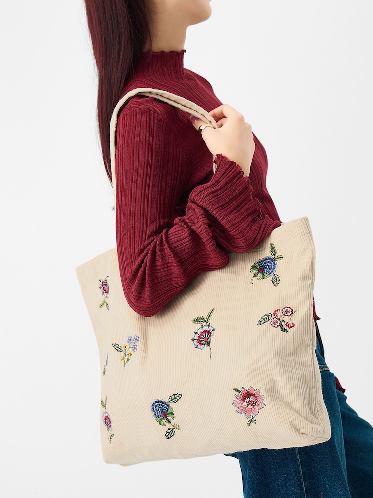 Accessorize Cream Floral Embroidered Corduroy Shopper Bag - Image 3 of 3