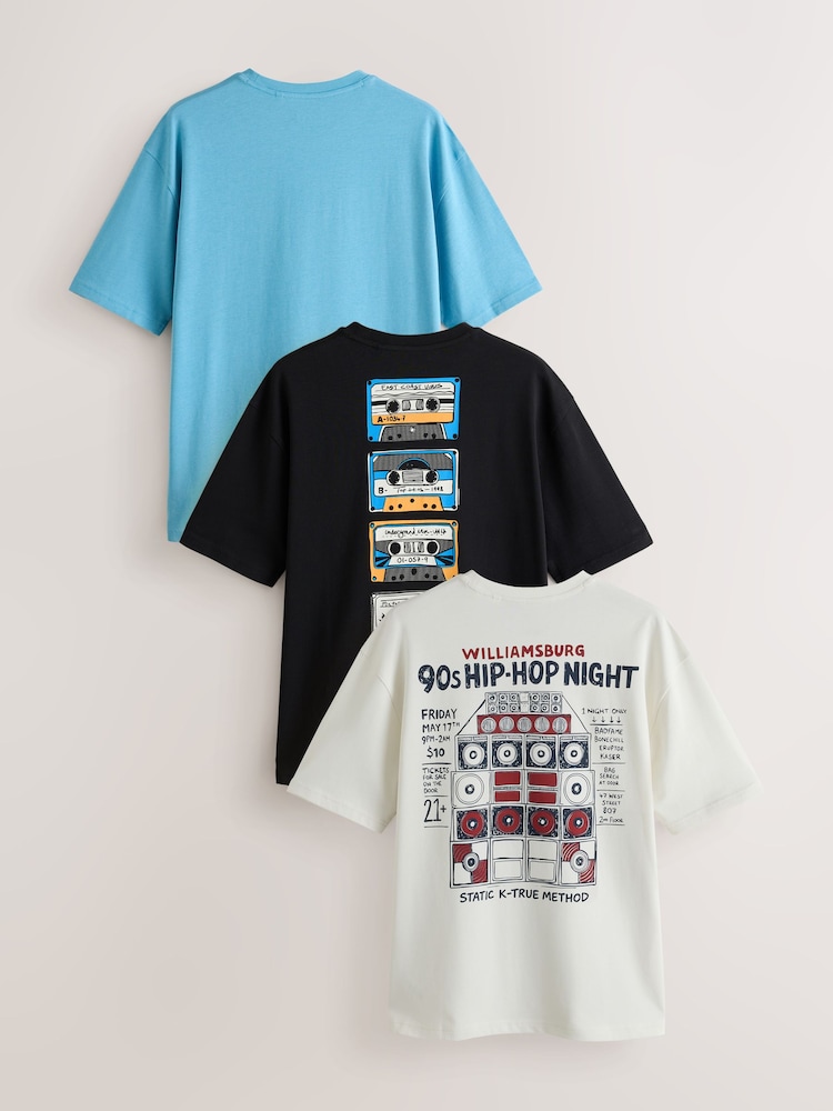 Black/Ecru/Blue Relaxed Fit Graphic Print T-Shirts 3 Pack - Image 1 of 9 Black/Ecru/Blue Relaxed Fit Graphic Print T-Shirts 3 Pack - Image 1 of 9