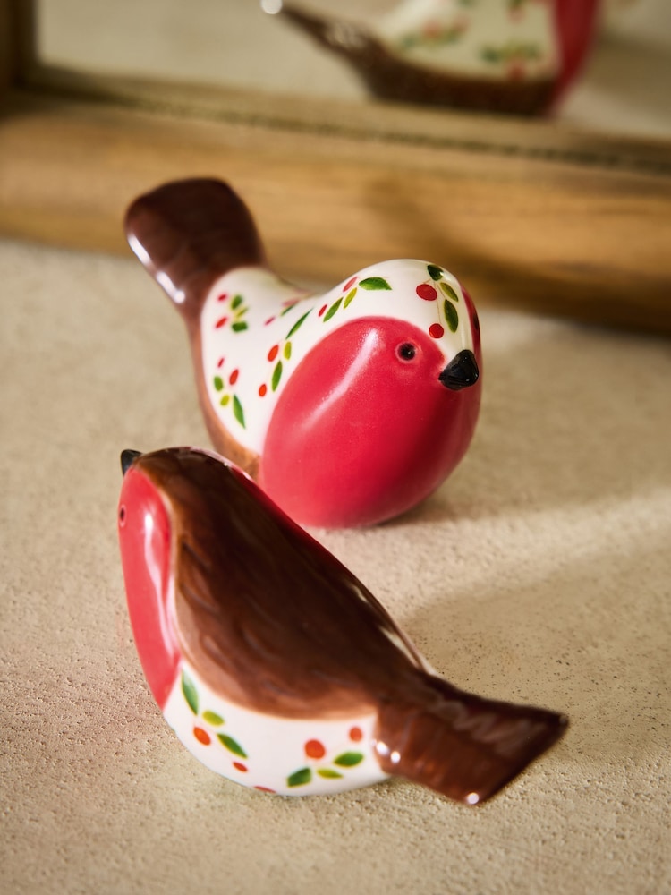 Set of 2 Red Ceramic Robins Christmas Ornaments - Image 2 of 3