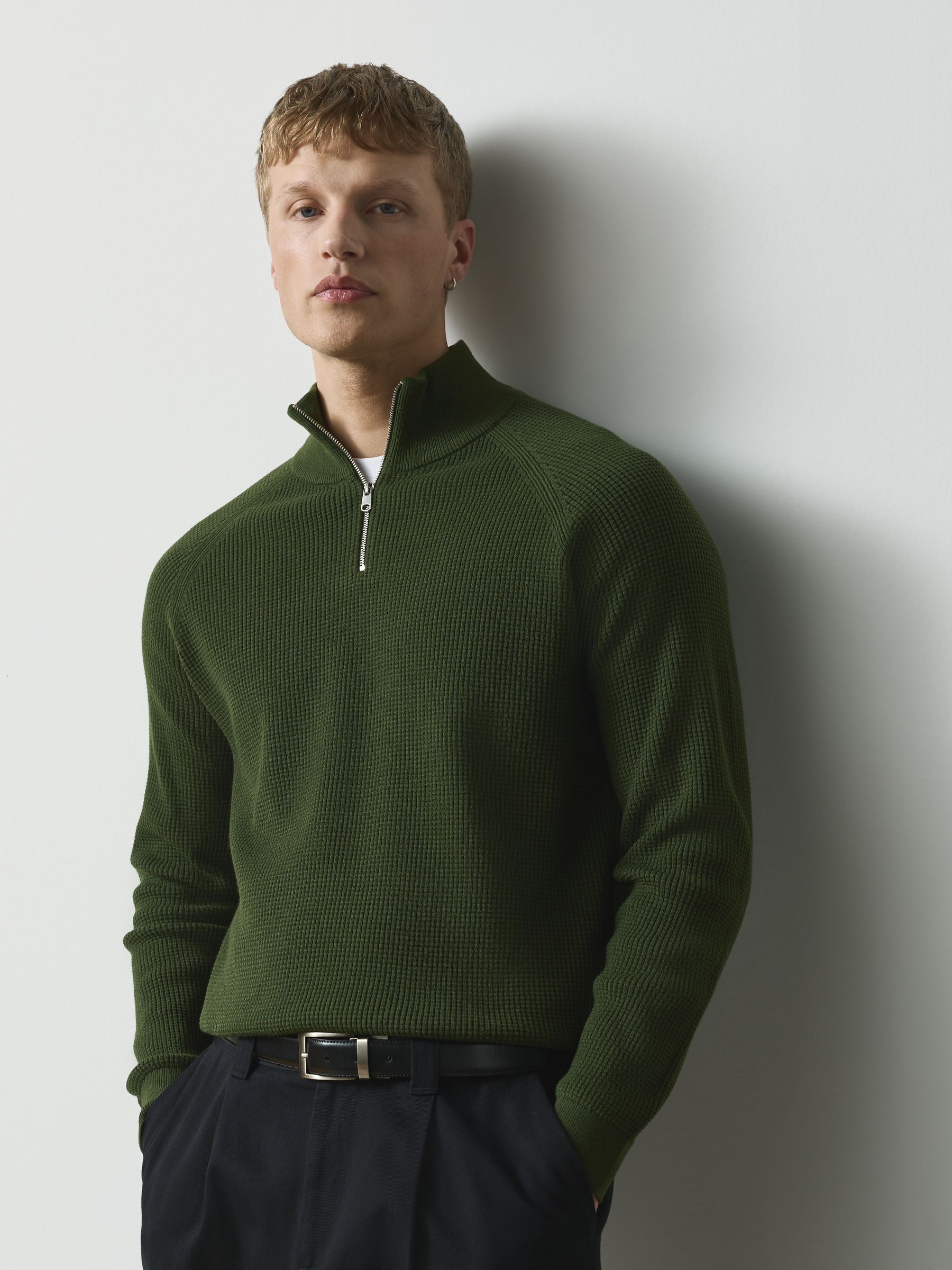 Buy Olive Green Regular Fit Textured Quarter Zip Jumper from Next USA