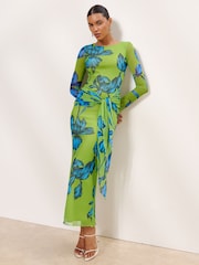 Lipsy Green Blue Floral Print Mesh Tie Knot Front Long Sleeve Maxi Dress - Image 1 of 4