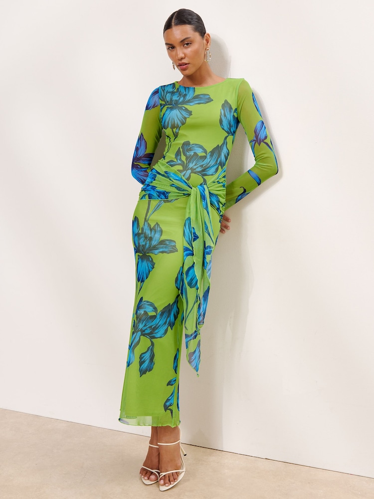 Lipsy Green Blue Floral Print Mesh Tie Knot Front Long Sleeve Maxi Dress - Image 1 of 4 Lipsy Green Blue Floral Print Mesh Tie Knot Front Long Sleeve Maxi Dress - Image 1 of 4