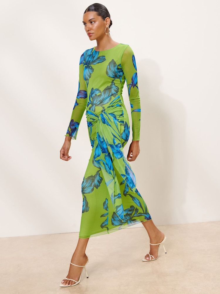 Lipsy Green Blue Floral Print Mesh Tie Knot Front Long Sleeve Maxi Dress - Image 2 of 4 Lipsy Green Blue Floral Print Mesh Tie Knot Front Long Sleeve Maxi Dress - Image 2 of 4