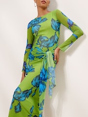 Lipsy Green Blue Floral Print Mesh Tie Knot Front Long Sleeve Maxi Dress - Image 3 of 4