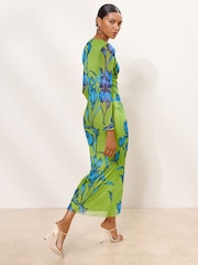 Lipsy Green Blue Floral Print Mesh Tie Knot Front Long Sleeve Maxi Dress - Image 4 of 4