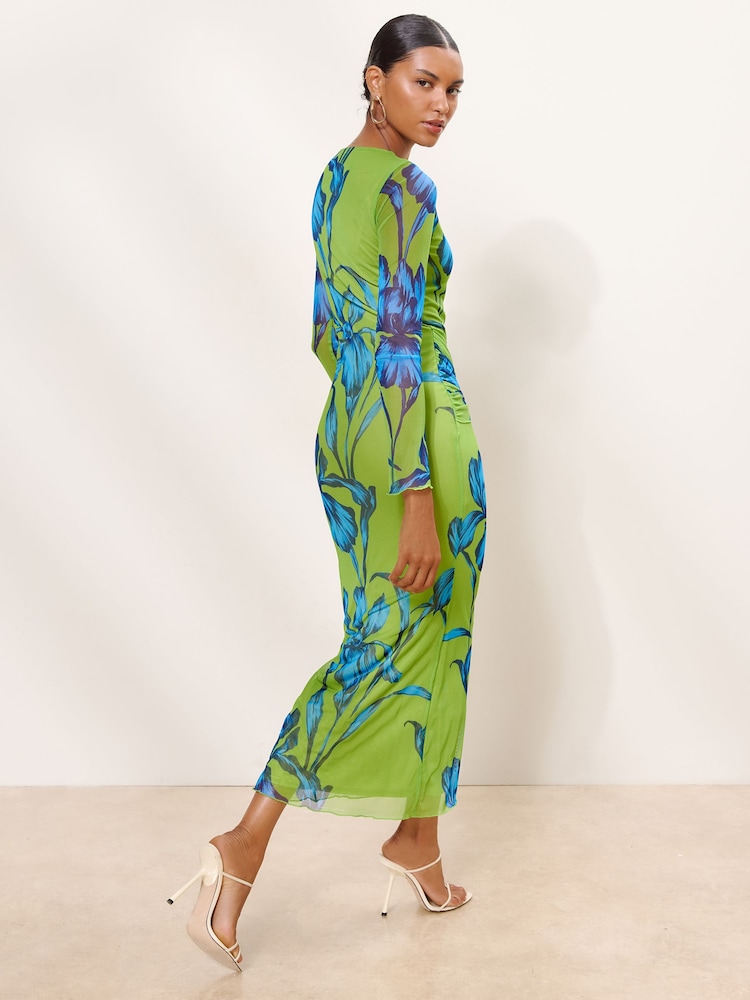 Lipsy Green Blue Floral Print Mesh Tie Knot Front Long Sleeve Maxi Dress - Image 4 of 4 Lipsy Green Blue Floral Print Mesh Tie Knot Front Long Sleeve Maxi Dress - Image 4 of 4