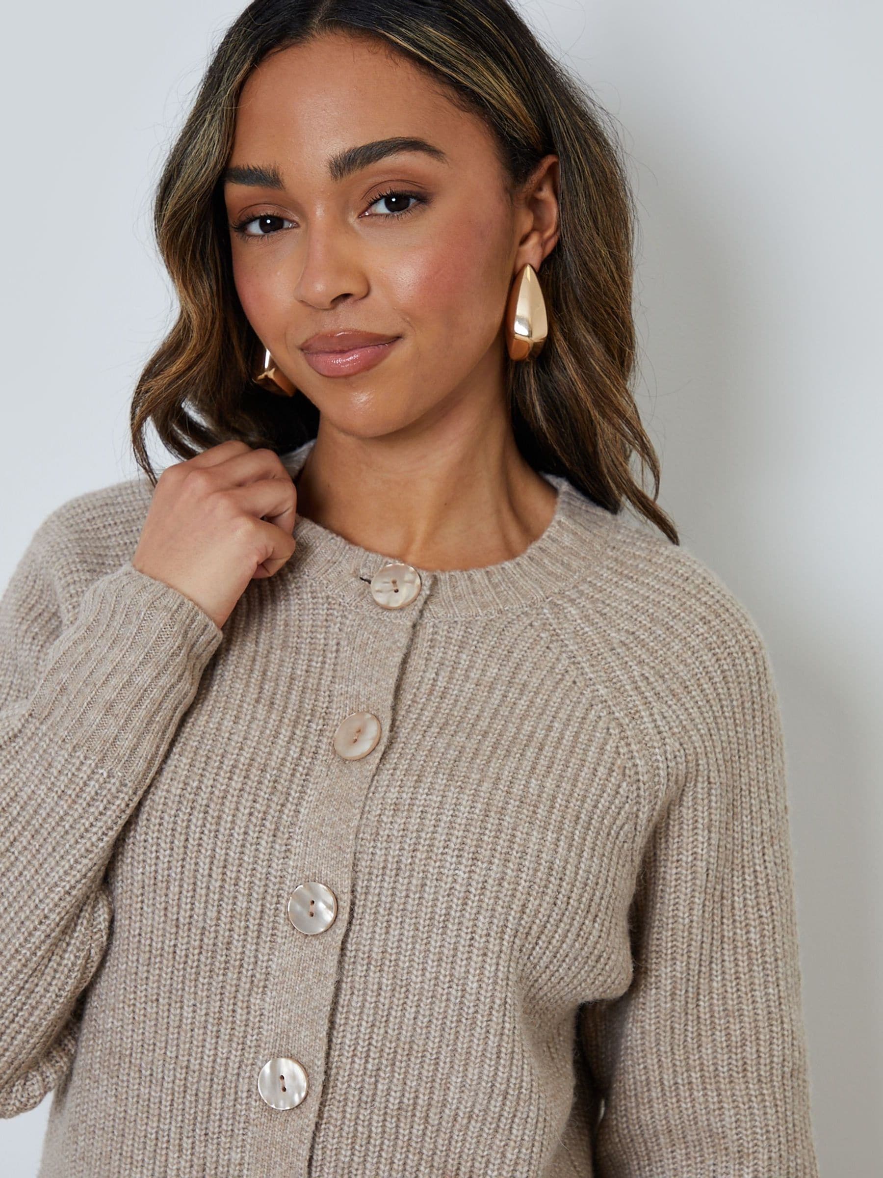 Buy Threadbare Light Brown Chunky Knit Button Up Cardigan from the