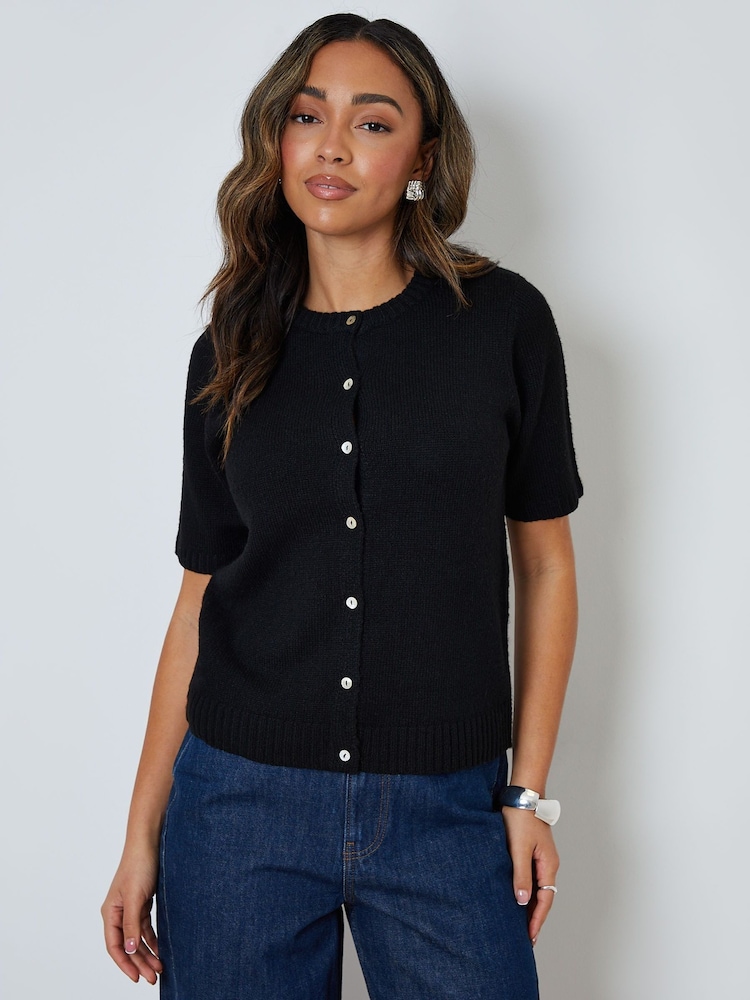 Threadbare Black Crew Neck Short Sleeve Knitted Cardigan - Image 1 of 5
