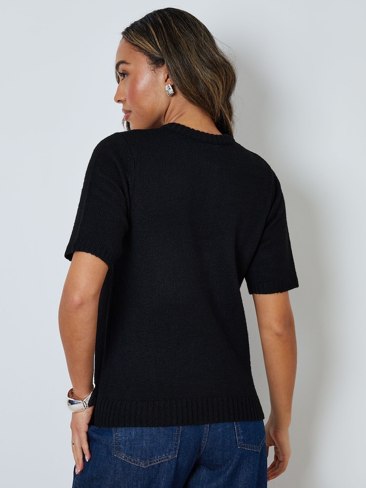 Threadbare Black Crew Neck Short Sleeve Knitted Cardigan - Image 5 of 5