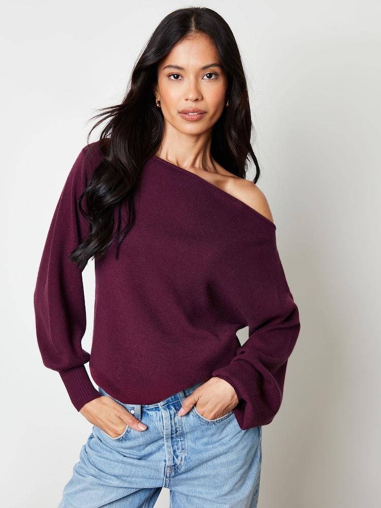 Threadbare Wine Slash Neck Knitted Jumper - Image 1 of 4 Threadbare Wine Slash Neck Knitted Jumper - Image 1 of 4