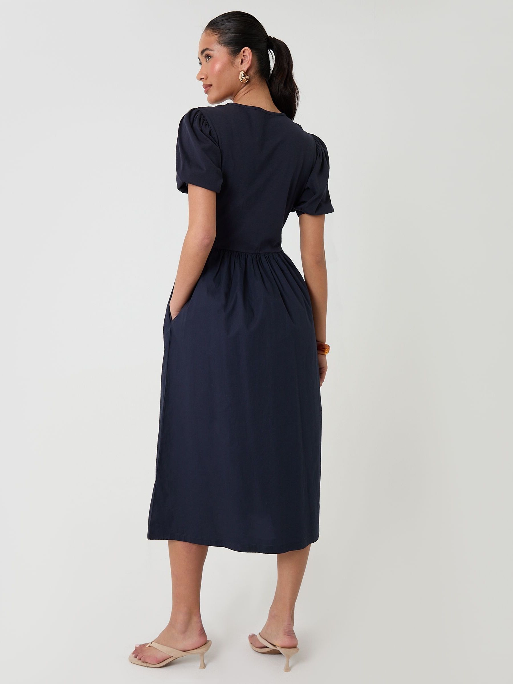 Buy Threadbare Blue Puff Sleeve Jersey Poplin Mix Maxi Dress from