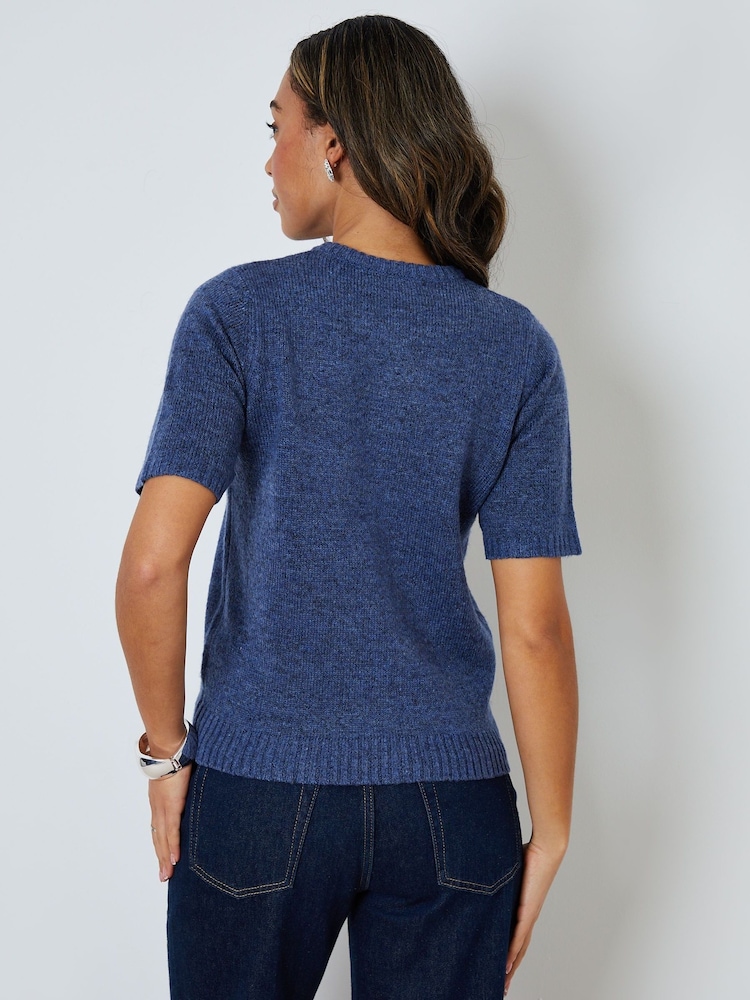 Threadbare Blue Crew Neck Short Sleeve Knitted Cardigan - Image 2 of 4