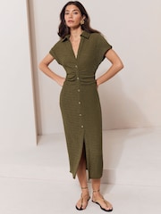 Lipsy Khaki Green Petite Short Sleeve Textured Midi Shirt Dress - Image 1 of 5