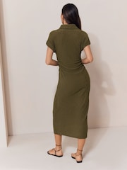Lipsy Khaki Green Petite Short Sleeve Textured Midi Shirt Dress - Image 2 of 5