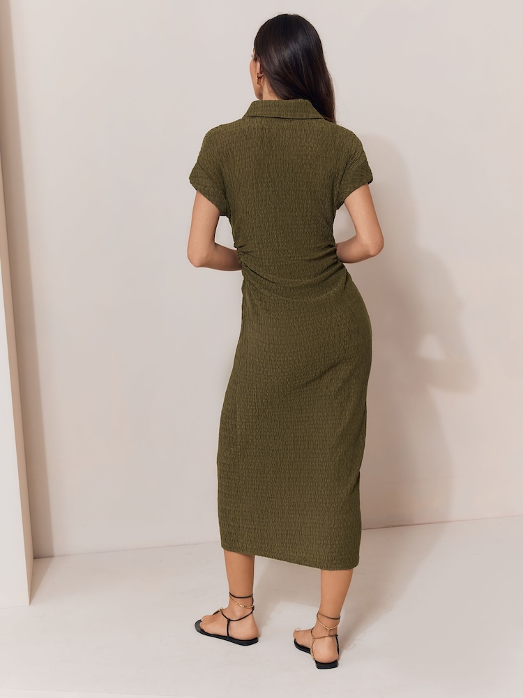 Lipsy Khaki Green Petite Short Sleeve Textured Midi Shirt Dress - Image 2 of 5 Lipsy Khaki Green Petite Short Sleeve Textured Midi Shirt Dress - Image 2 of 5