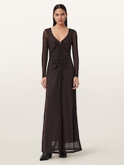 AllSaints Brown Gabby Long Sleeve Mesh Dress - Image 1 of 7