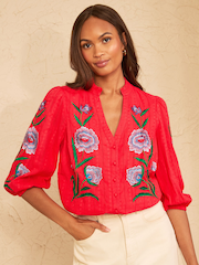 Love & Roses Red Floral Embroidered Notch Neck Blouse - Image 1 of 5