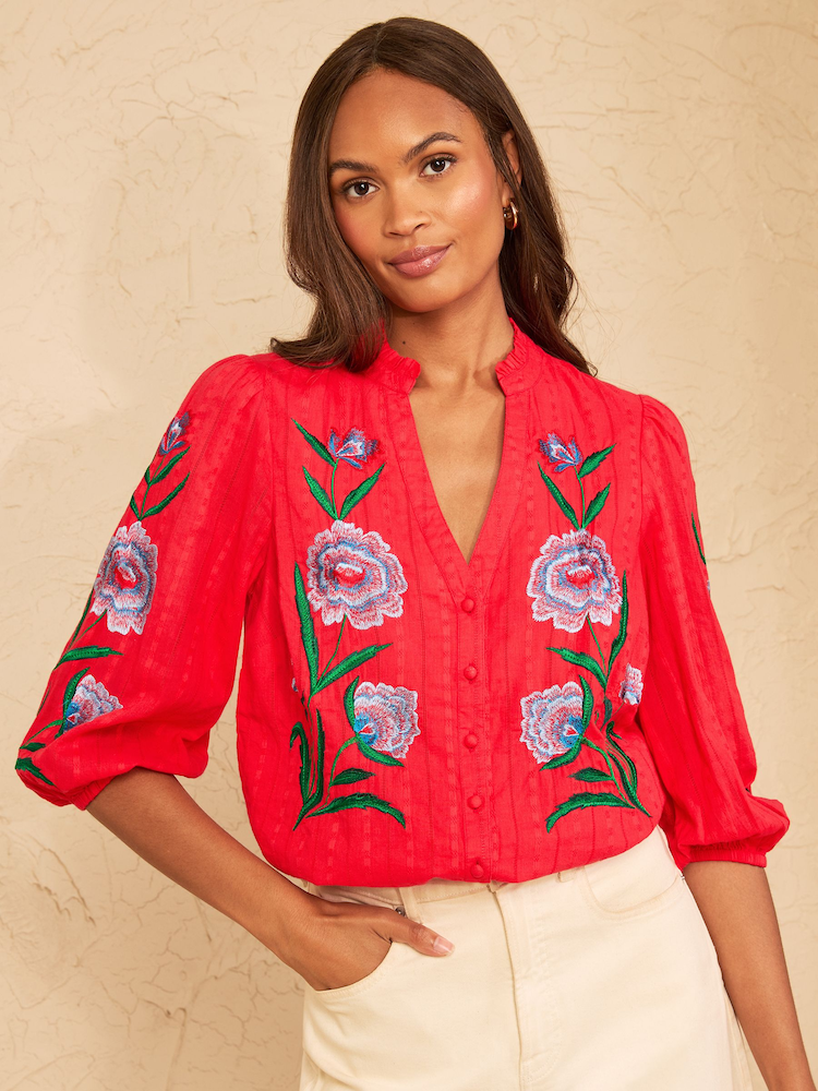 Love & Roses Red Floral Embroidered Notch Neck Blouse - Image 1 of 5