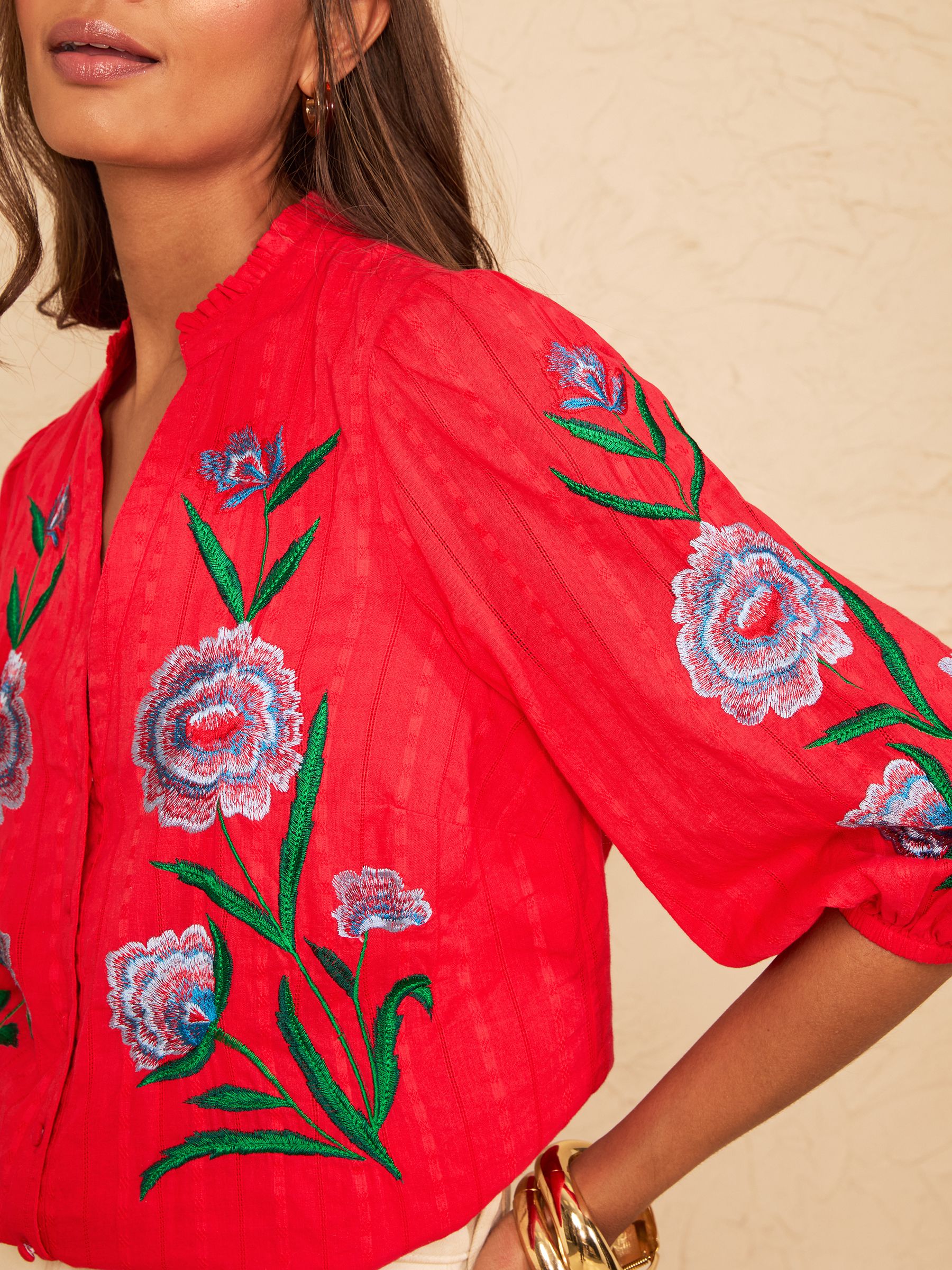 Buy Love & Roses Red Floral Embroidered Notch Neck Blouse from