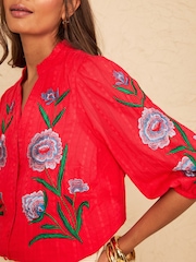 Love & Roses Red Floral Embroidered Notch Neck Blouse - Image 2 of 5