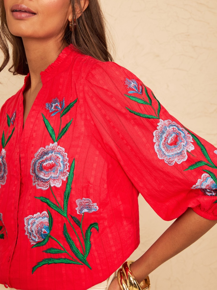 Love & Roses Red Floral Embroidered Notch Neck Blouse - Image 2 of 5