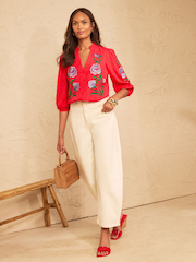 Love & Roses Red Floral Embroidered Notch Neck Blouse - Image 3 of 5