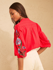 Love & Roses Red Floral Embroidered Notch Neck Blouse - Image 4 of 5