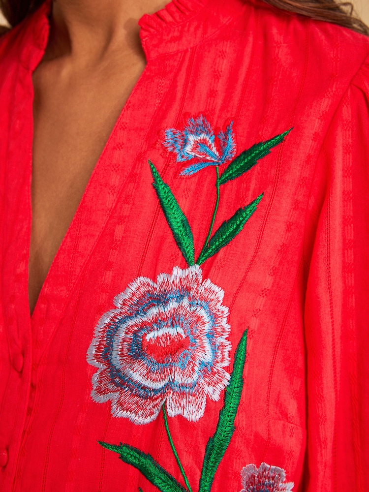 Love & Roses Red Floral Embroidered Notch Neck Blouse - Image 5 of 5