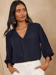 Love & Roses Navy V-Neck Hardware 3/4 Sleeve Blouse - Image 1 of 4