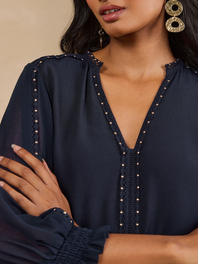 Love & Roses Navy V-Neck Hardware 3/4 Sleeve Blouse - Image 2 of 4