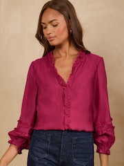 Love & Roses Raspberry Pink Petite Frill Detail Notch Neck 3/4 Sleeve Blouse - Image 1 of 4