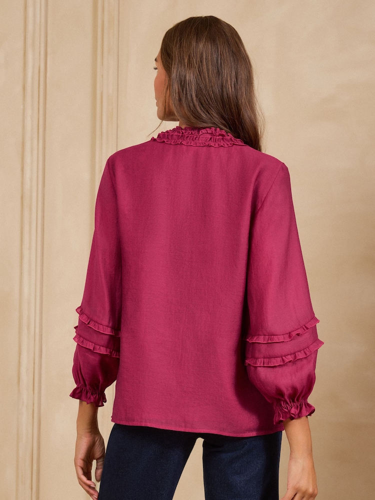 Love & Roses Raspberry Pink Petite Frill Detail Notch Neck 3/4 Sleeve Blouse - Image 4 of 4
