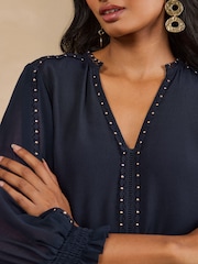 Love & Roses Navy Petite V-Neck Hardware 3/4 Sleeve Blouse - Image 2 of 4