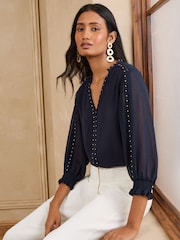 Love & Roses Navy Petite V-Neck Hardware 3/4 Sleeve Blouse - Image 3 of 4