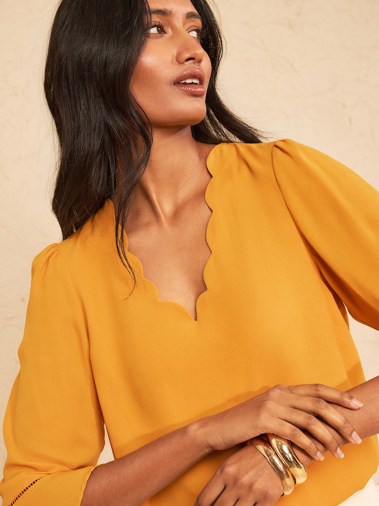 Love & Roses Ochre Yellow Scallop V-Neck Flute Sleeve Blouse - Image 2 of 4 Love & Roses Ochre Yellow Scallop V-Neck Flute Sleeve Blouse - Image 2 of 4