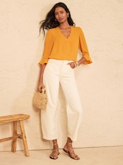 Love & Roses Ochre Yellow Scallop V-Neck Flute Sleeve Blouse - Image 3 of 4
