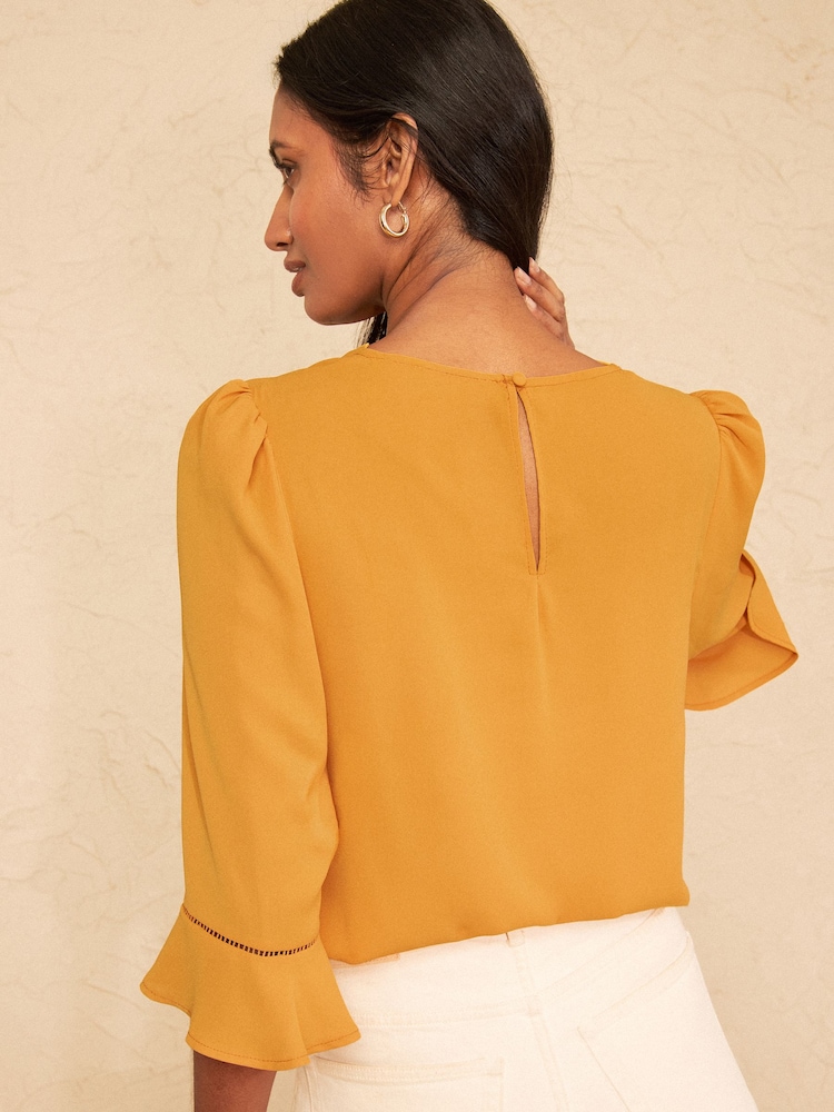 Love & Roses Ochre Yellow Scallop V-Neck Flute Sleeve Blouse - Image 4 of 4 Love & Roses Ochre Yellow Scallop V-Neck Flute Sleeve Blouse - Image 4 of 4