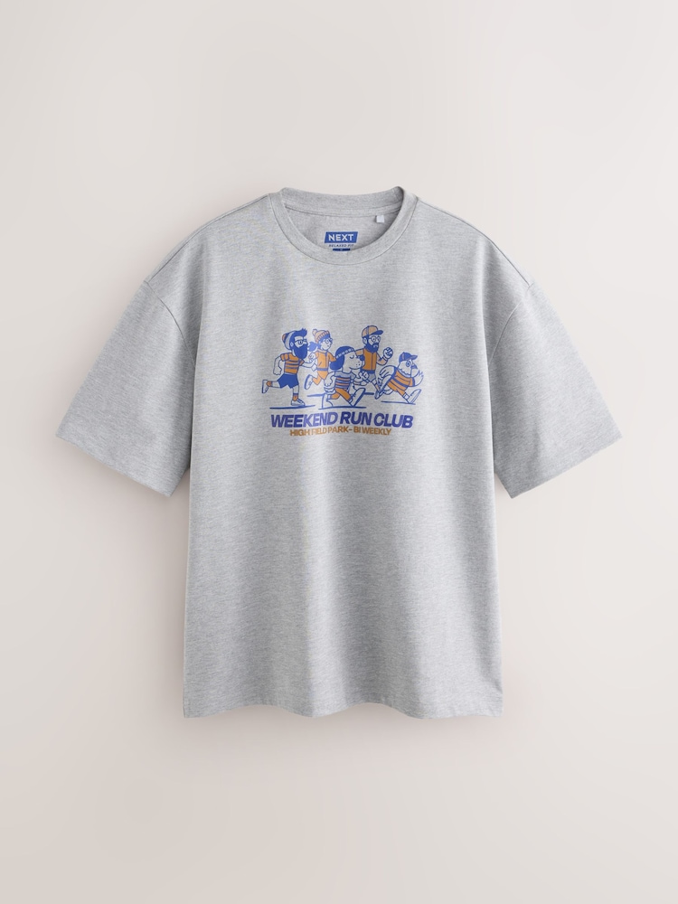 Grey Marl Run Club Relaxed Fit Graphic Print Heavy Weight T-Shirt - Image 1 of 3