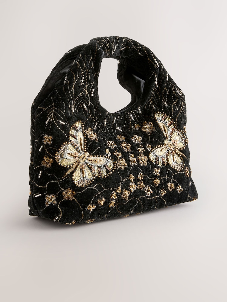 Black Velvet Butterfly Embroidered Bag - Image 2 of 5 Black Velvet Butterfly Embroidered Bag - Image 2 of 5
