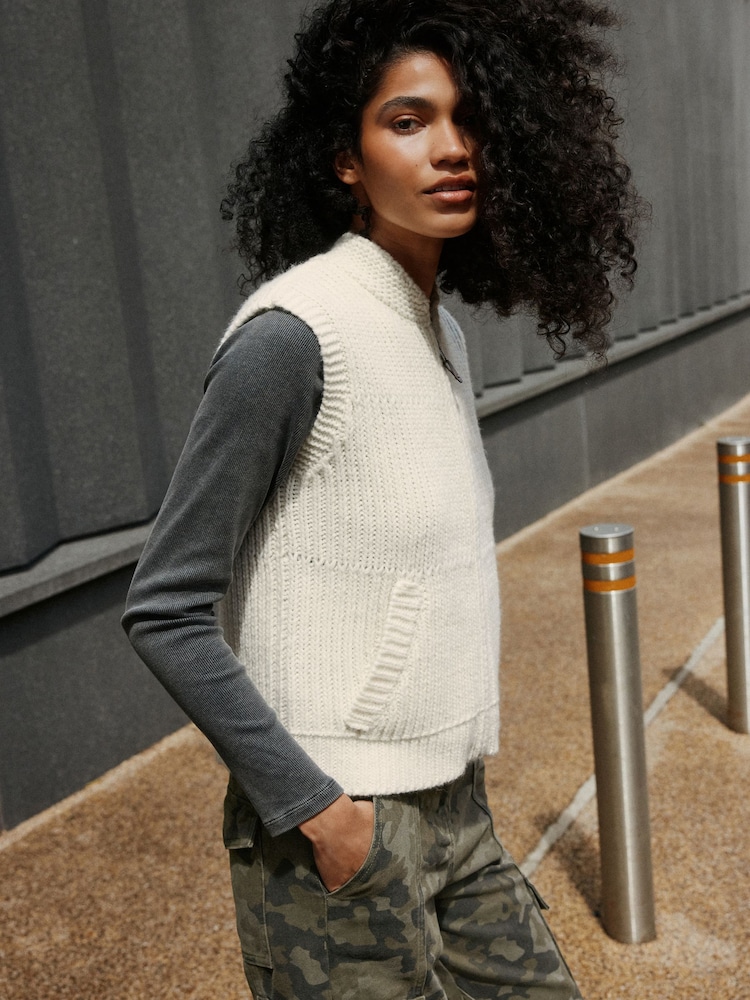 Ecru Knitted Zip Up Sleeveless Gilet With Pockets - Image 1 of 9