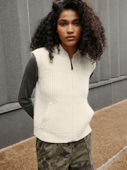 Ecru Knitted Zip Up Sleeveless Gilet With Pockets - Image 4 of 9